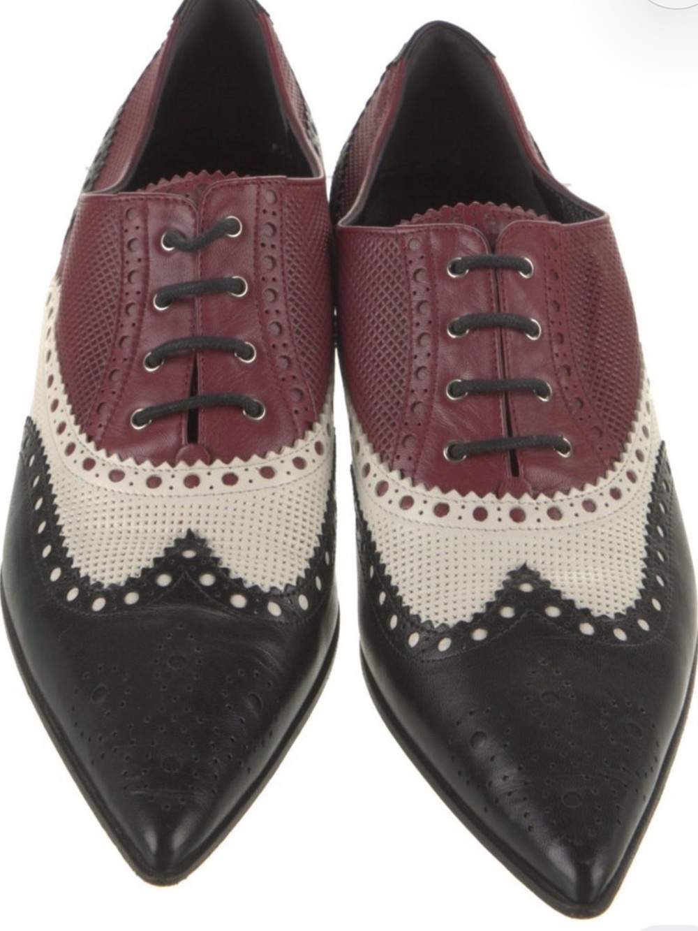 Gucci Burgundy, White & Black Perforated Brogue Oxfords